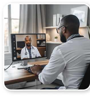 Doctor in lab coat conducting video consultation